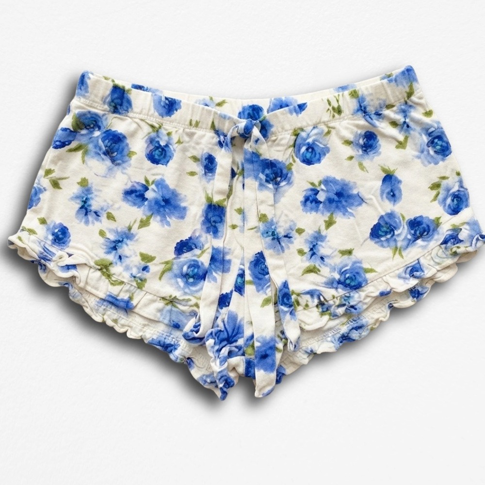 Forever 21 Blue Floral Pajama Shorts Ruffle Trim Lounge Sleepwear Small